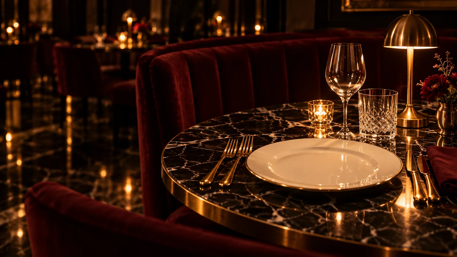 An ivory plate set on a candlelit black marble table beside a red velvet banquette