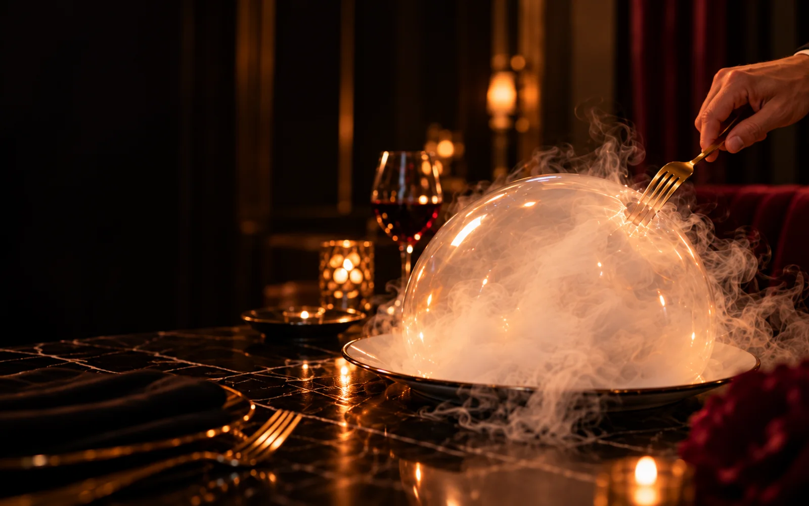 A glowing smoked glass dome at a candlelit La Ravelle table